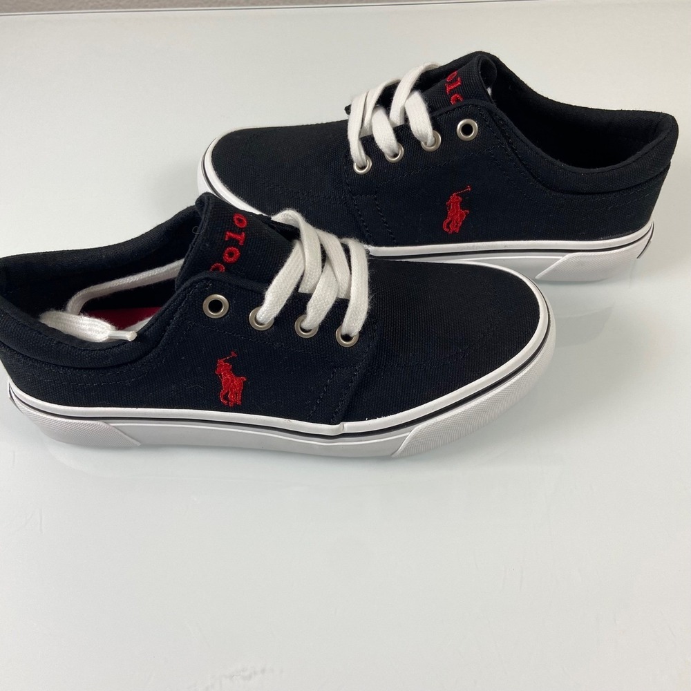 Polo Ralph Lauren Kids Size 1 Black Canvas Sneakers Shoes Red Pony Logo NWOB M